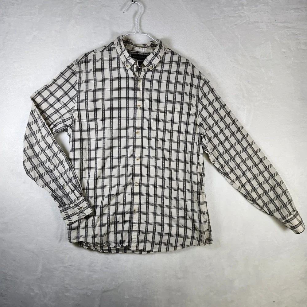 Banana Republic Plaid Button Up Shirt L Untucked Fit Black White‎ Long Sleeve